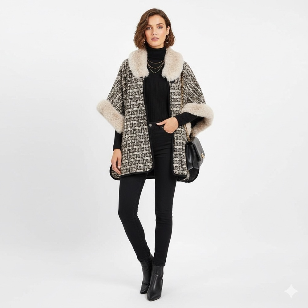 Vince Camuto Cape Woven Tweed Coat Faux Fur Shawl Collar ONE SIZE Black Cream